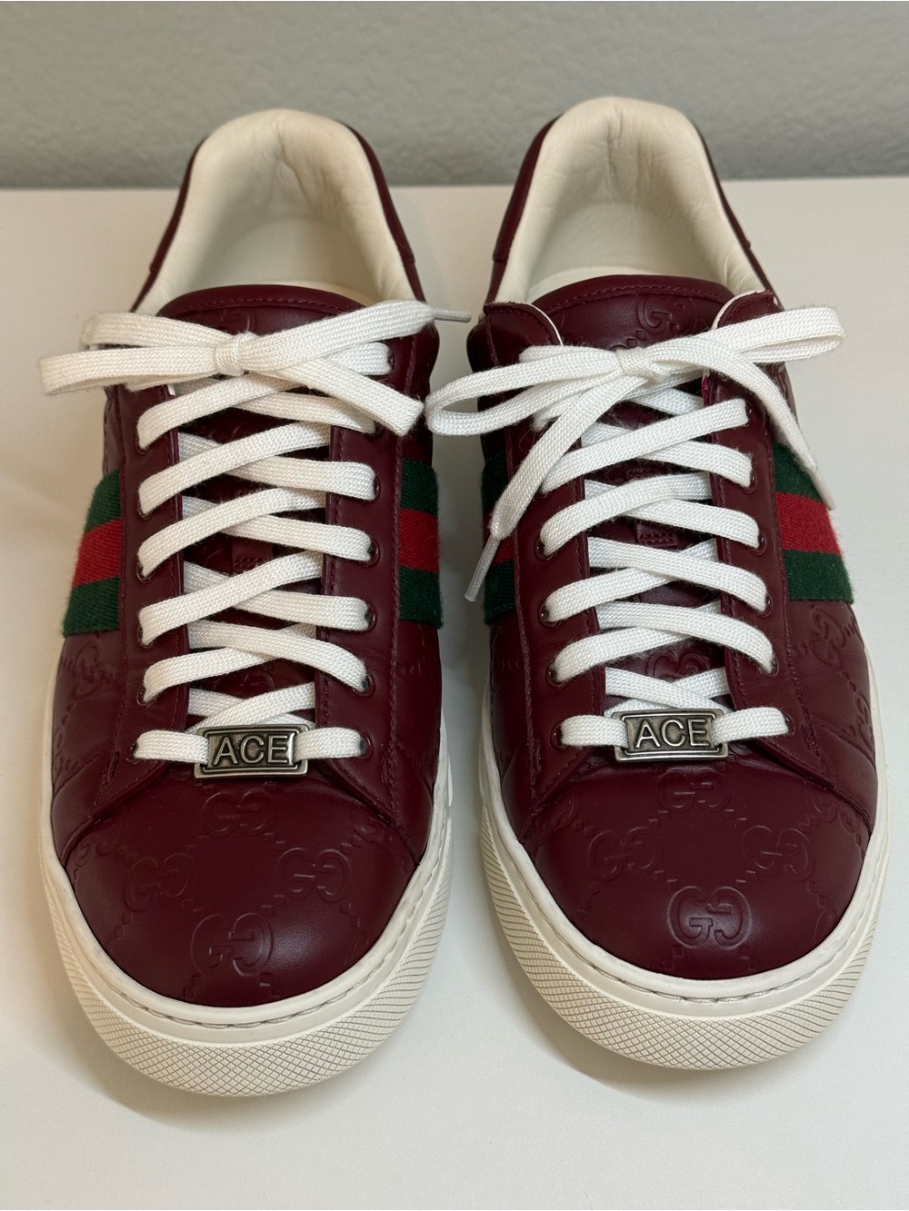 Gucci Burgundy Leather Ace Sneakers with Green and Red Web